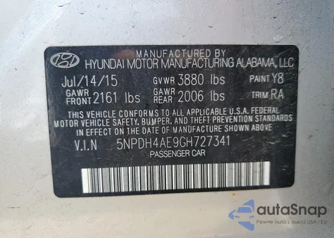 2016 Hyundai Elantra Se from USA, damaged, VIN 5NPDH4AE9GH727341